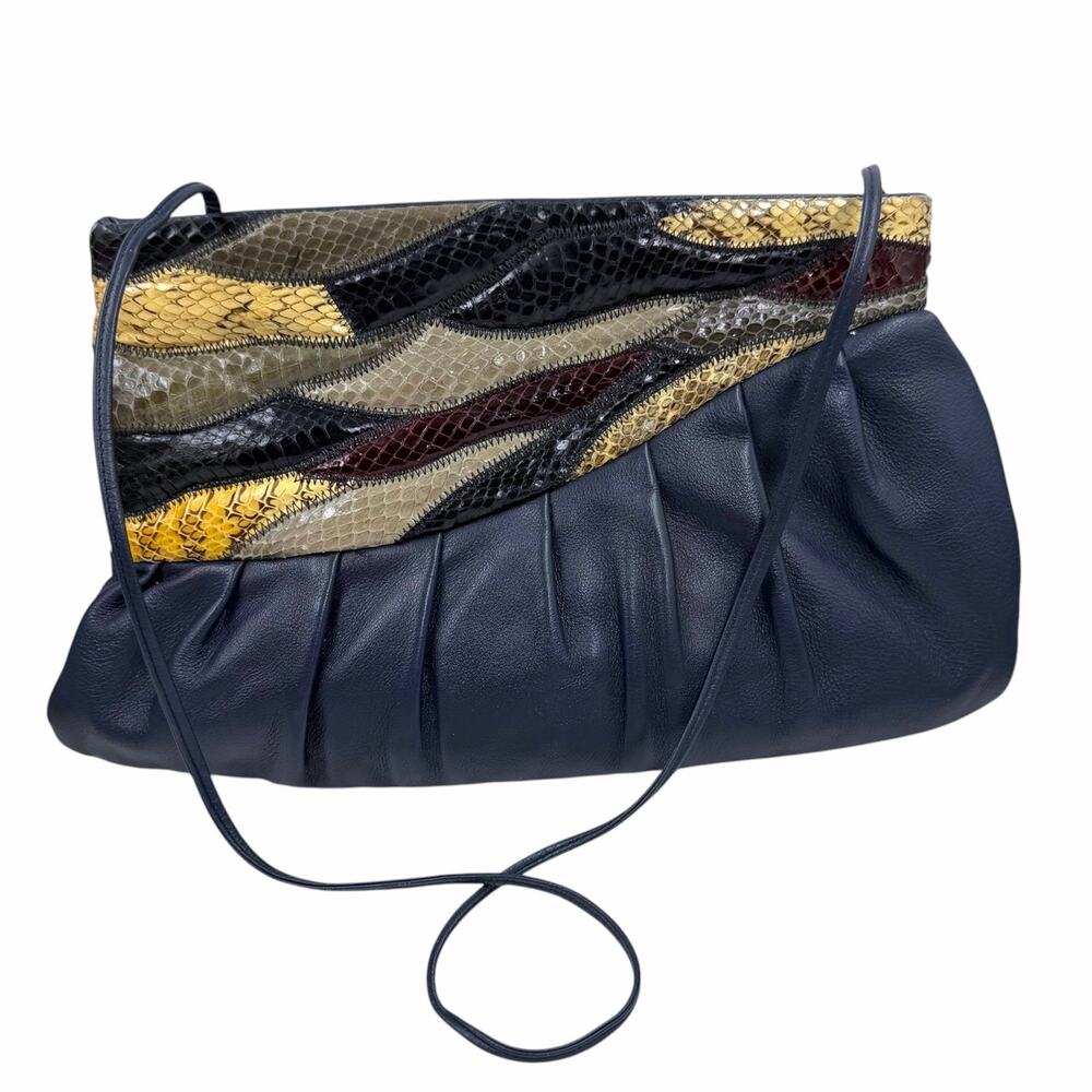 VTG 80s Multicolor Snakeskin Patchwork Leather Clutch Shoulder Bag Navy Blue
